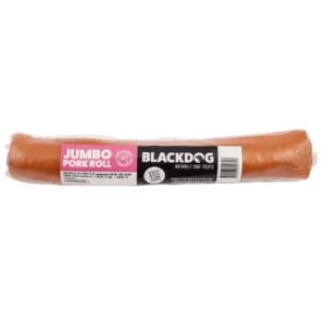Jumbo pork roll dog treats wrapped with Blackdog label and branding.