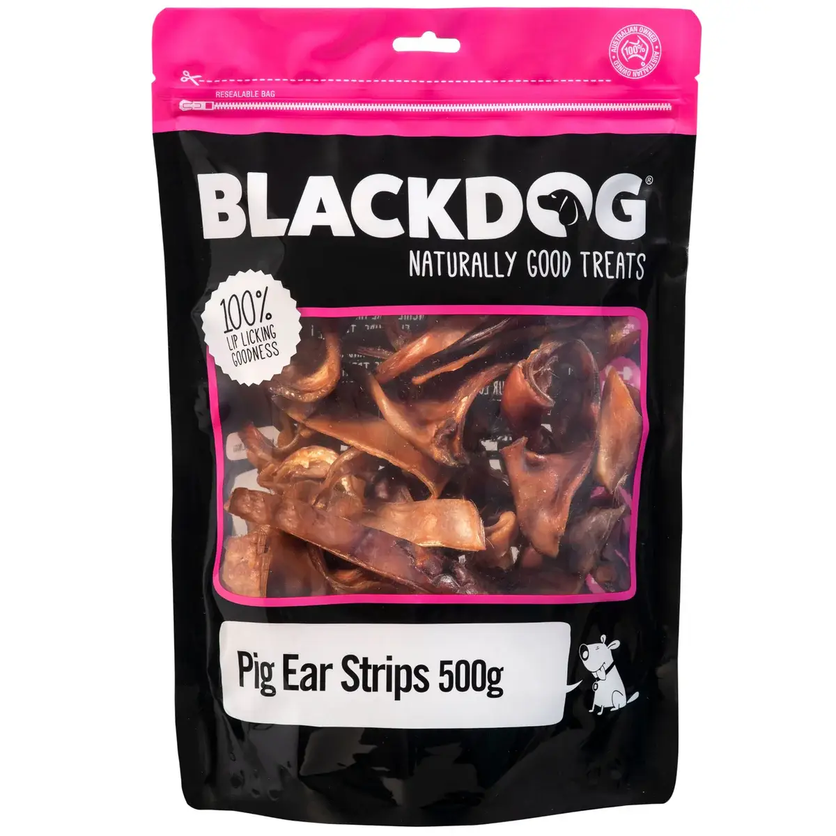Blackdog Pig Ear Strips 500g resealable bag with visible dried pig ear strips inside.