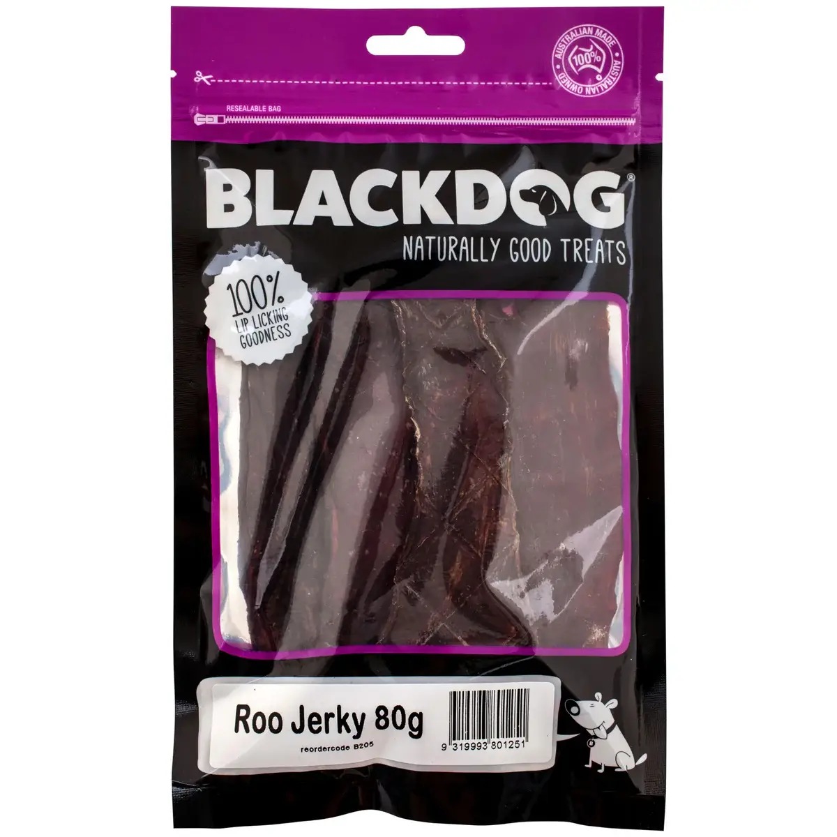 Blackdog Roo Jerky 80g bag displaying long, dried roo jerky strips inside the packaging.