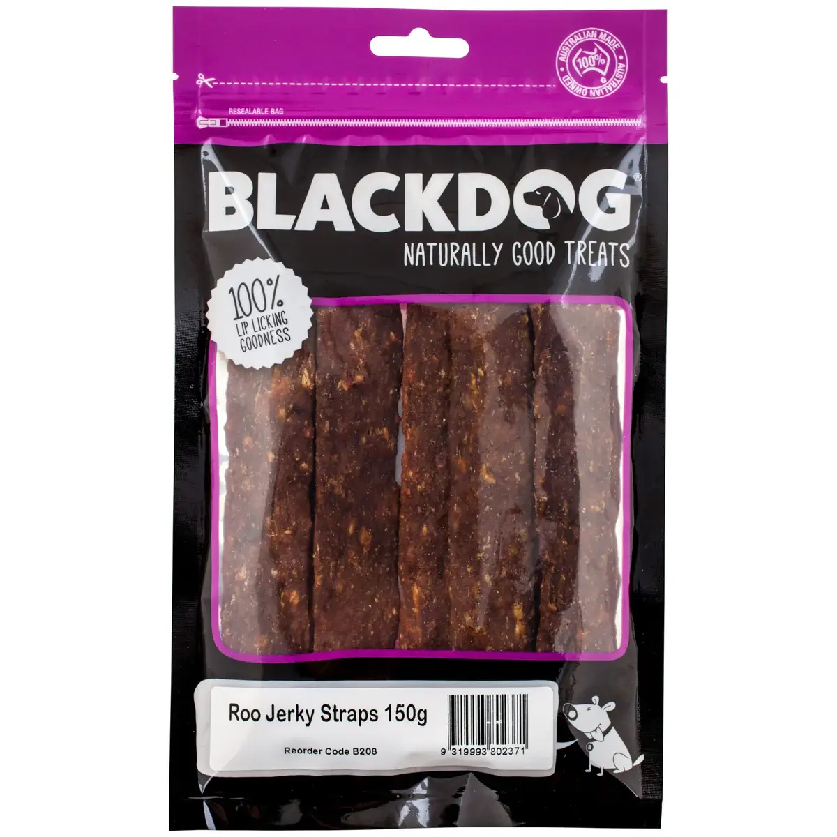 Blackdog 150g bag of roo jerky straps dog treats in resealable purple pack.