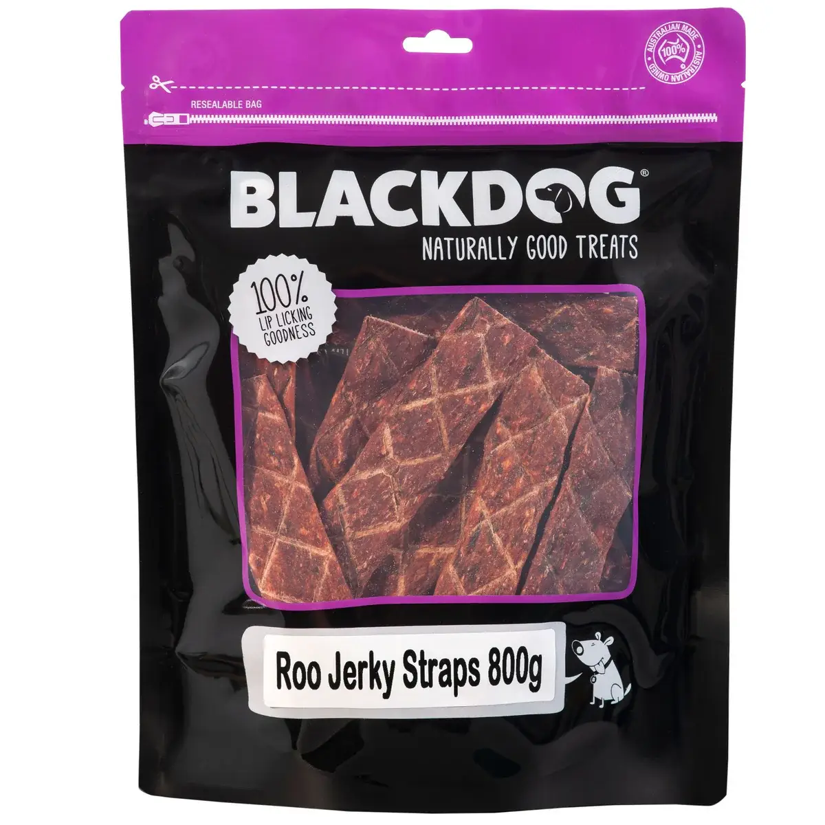 Blackdog 800g bag of roo jerky straps dog treats with purple packaging.