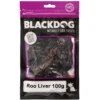 Blackdog Roo Liver Dog Treats 100g Pack Blackdog Roo Liver 100g bag with visible dried kangaroo liver treats.