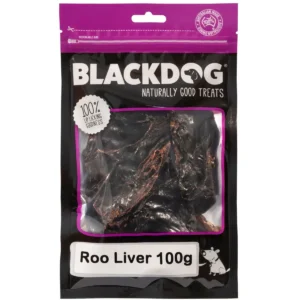 Blackdog Roo Liver 100g bag with visible dried kangaroo liver treats.