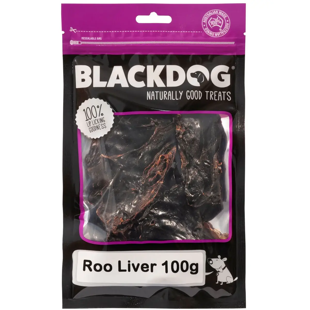 Blackdog Roo Liver 100g bag with visible dried kangaroo liver treats.