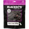 Blackdog Roo Liver Dog Treats 500g Pack Blackdog Roo Liver 500g resealable bag showing dried roo liver pieces inside the packaging.