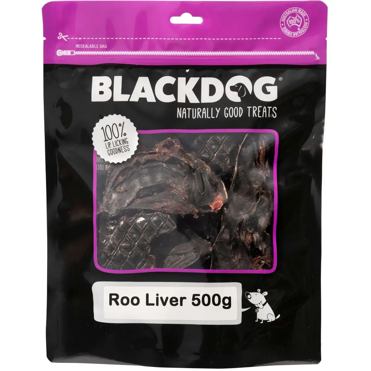 Blackdog Roo Liver 500g resealable bag showing dried roo liver pieces inside the packaging.
