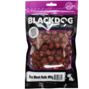 Blackdog Roo Meat Balls 180g bag with visible kangaroo meat ball treats inside.