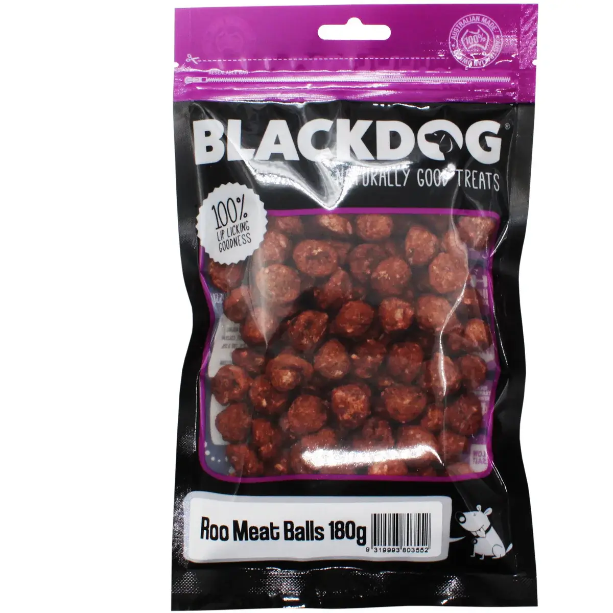 Blackdog Roo Meat Balls 180g bag with visible kangaroo meat ball treats inside.