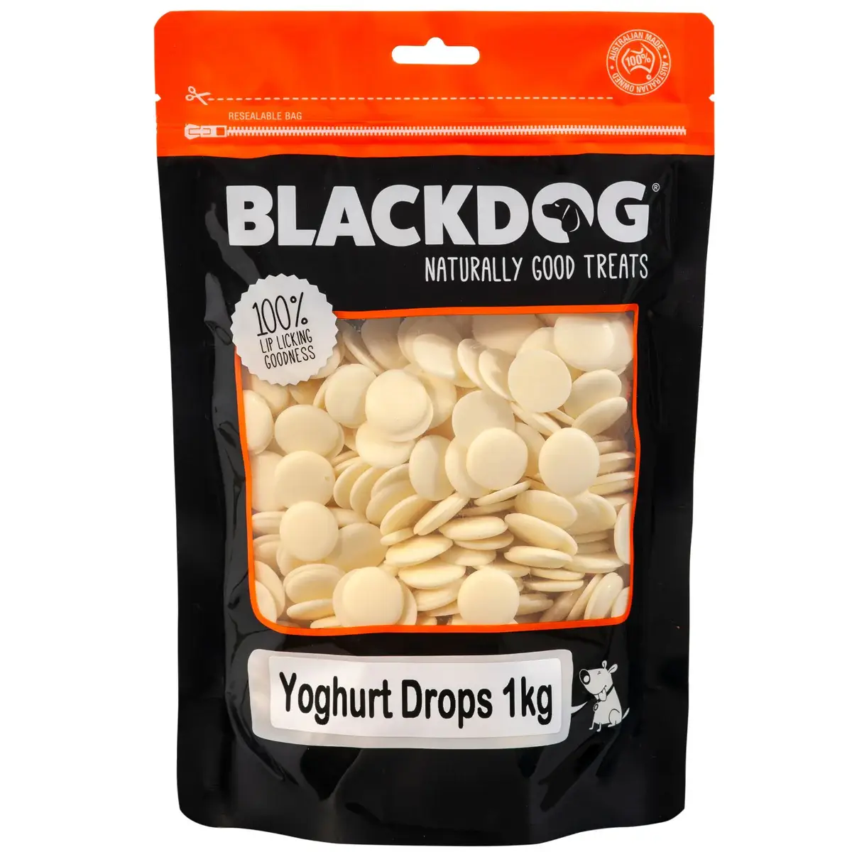 Blackdog Yoghurt Drops 1kg resealable bag showing white yoghurt treats inside.