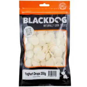 Blackdog Yoghurt Drops 250g resealable bag with visible white yoghurt buttons.