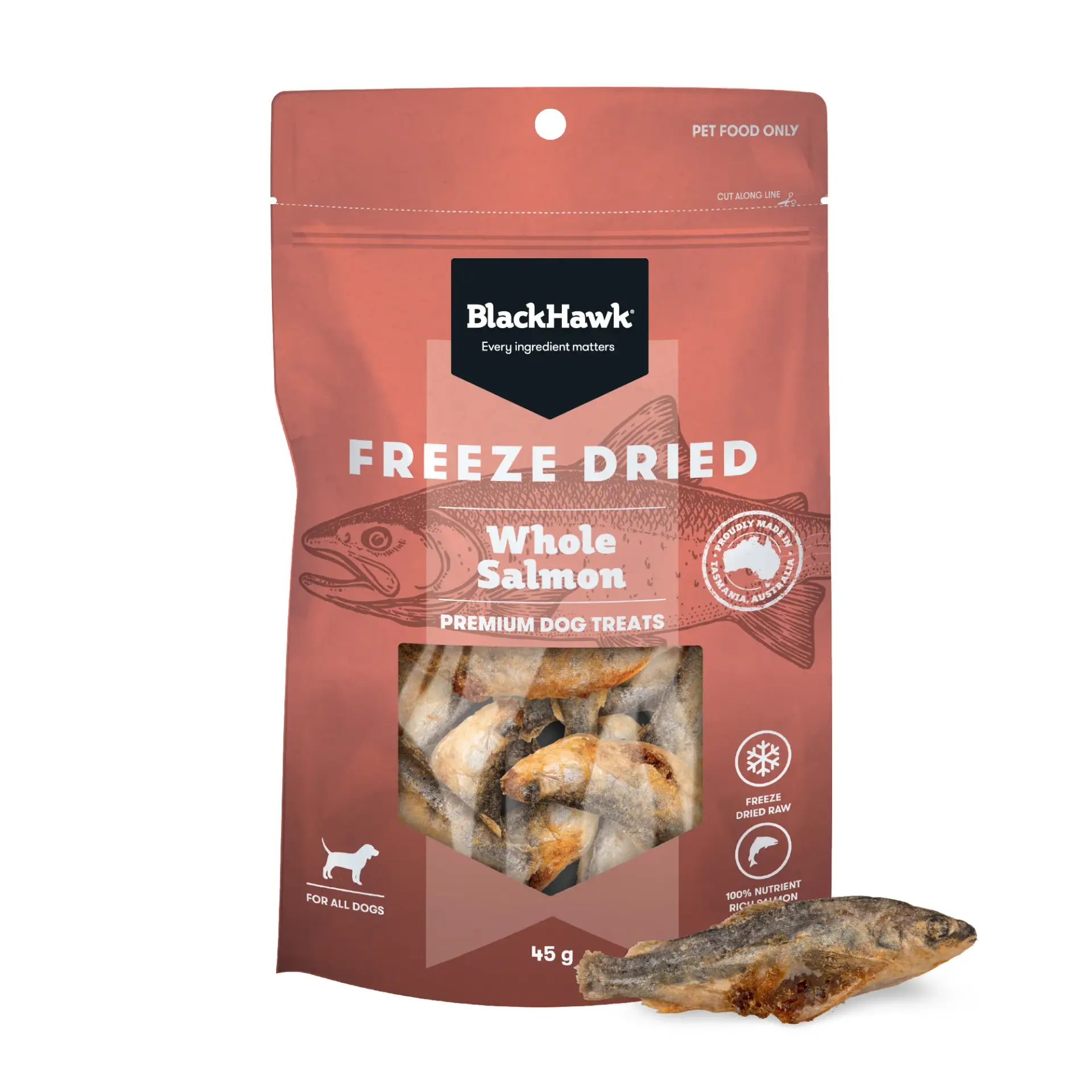 Black Hawk freeze dried whole salmon dog treats pack with salmon piece