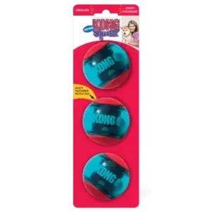 Front view of KONG Squeezz Action squeaking dog balls packaging showing three balls