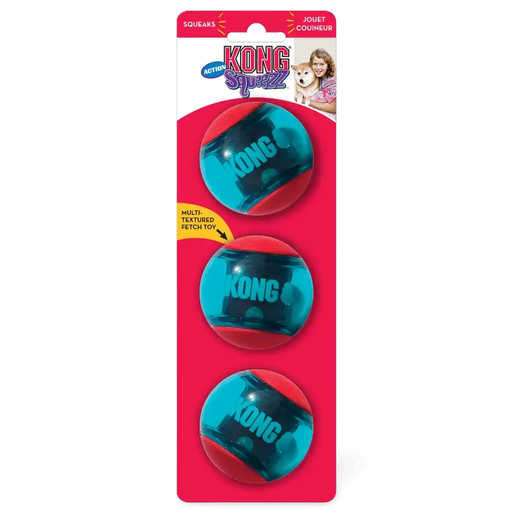 Front view of KONG Squeezz Action squeaking dog balls packaging showing three balls