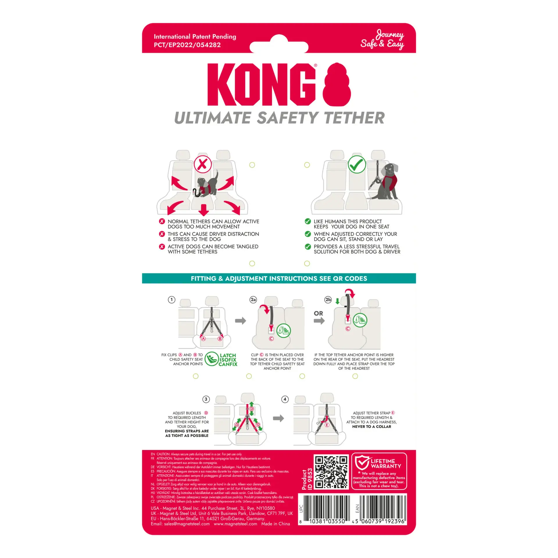 Back of KONG Ultimate Safety Tether packaging showing fitting and adjustment instructions