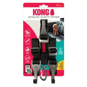 Front view of KONG Ultimate Safety Tether packaging with product features and compatibility icons
