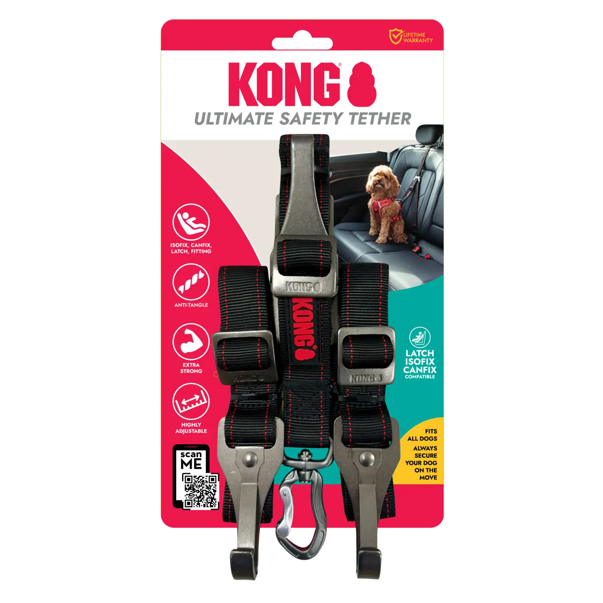 Front view of KONG Ultimate Safety Tether packaging with product features and compatibility icons