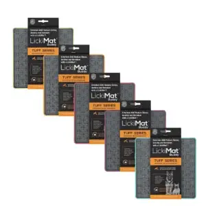 Assorted Colours LickiMat Buddy Tuff dog lick mat with cross pattern in retail packaging