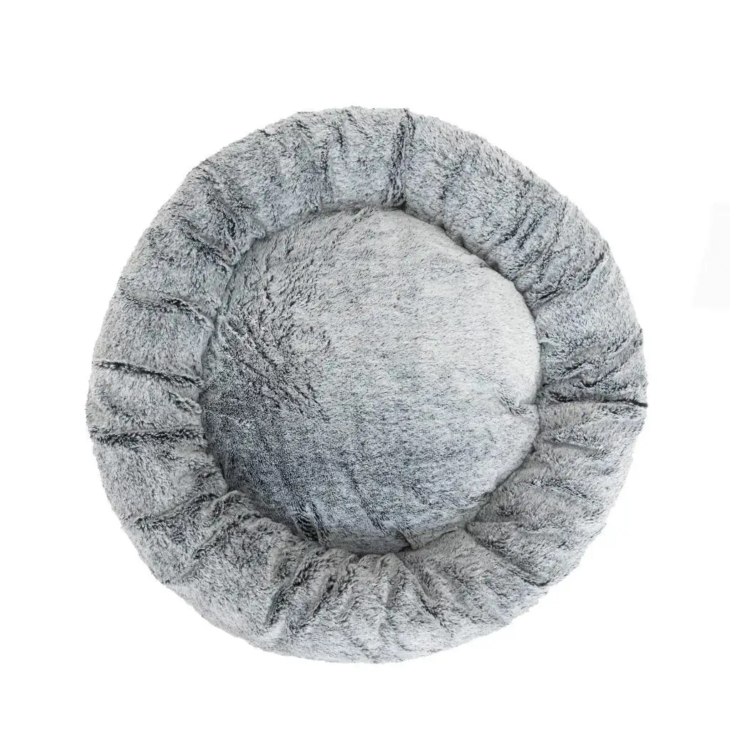 Top view of the Superior Harley dog bed in arctic faux fur with round bolstered design