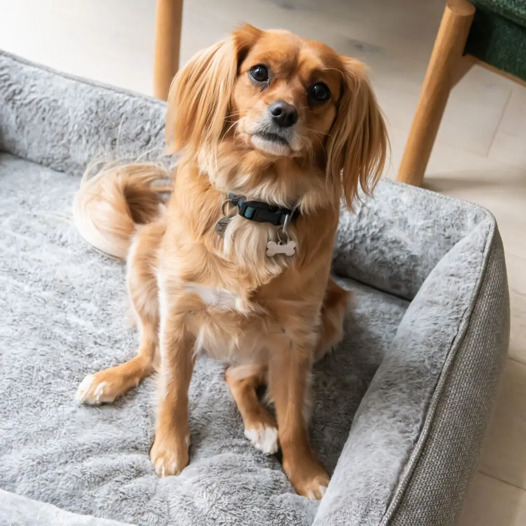 Close-up of a dog sitting in a Superior Ortho Haven dog bed with plush lining