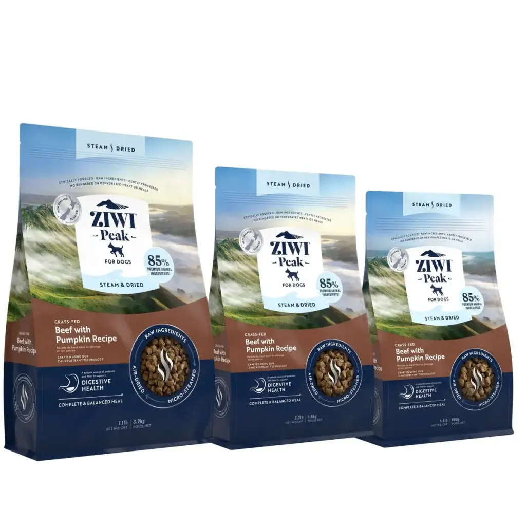 Ziwi Peak Steam & Dried Beef with Pumpkin dog food available in multiple sizes