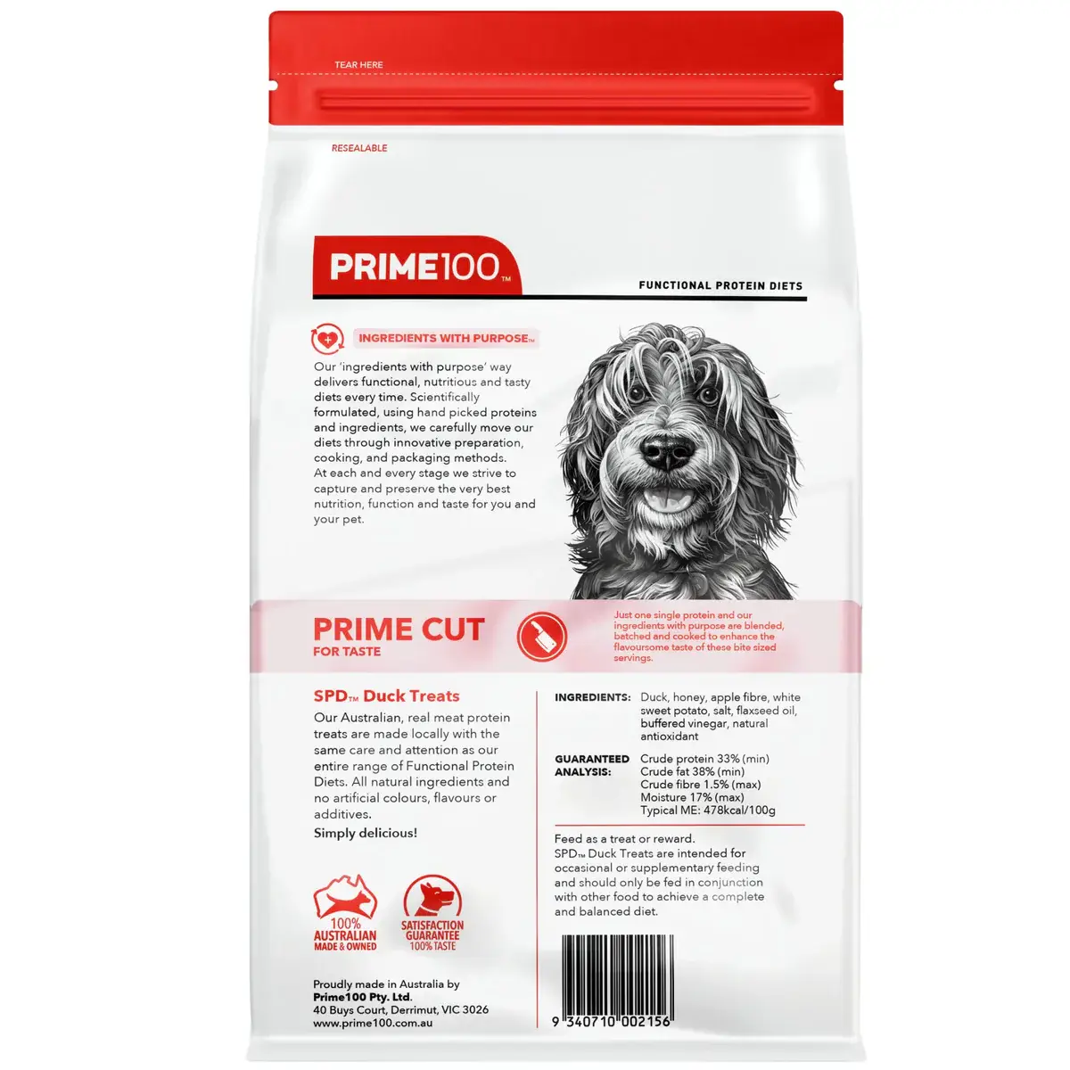 Prime Cut Duck Dog Treats packaging back showing nutritional information