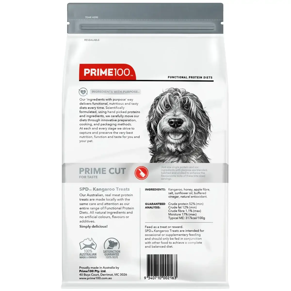 Prime Cut Kangaroo Dog Treats packaging back showing nutritional information