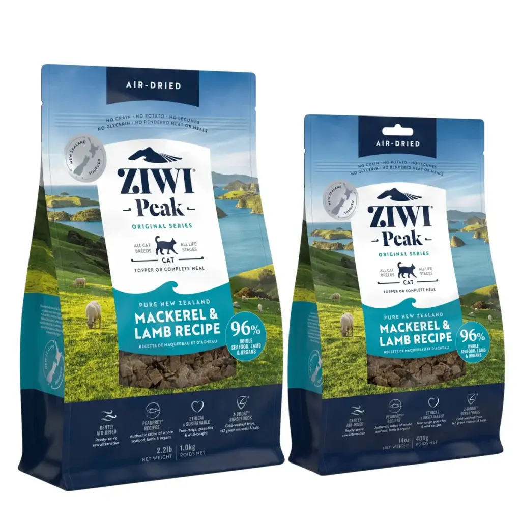 ZIWI Peak air dried mackerel and lamb cat food bags in different sizes