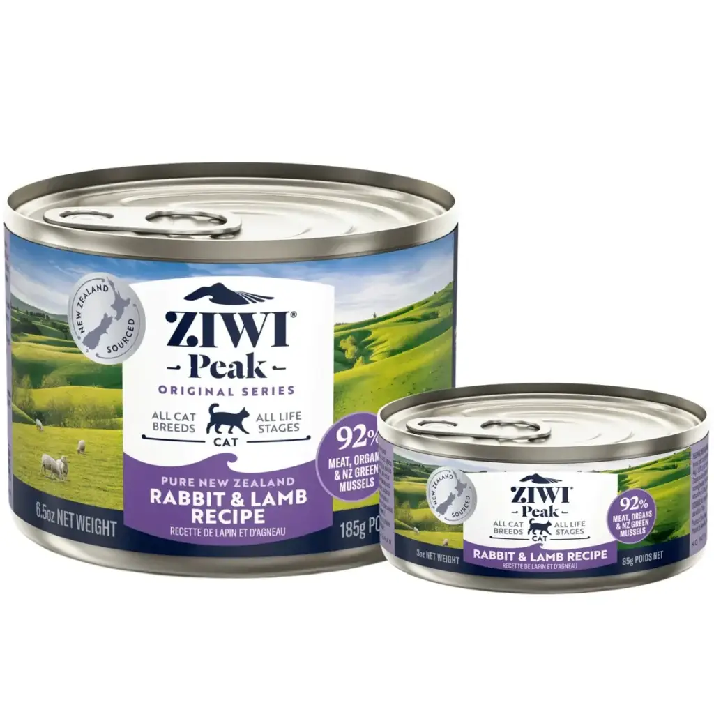 ZIWI Peak Rabbit & Lamb wet cat food cans showing 85g and 185g sizes