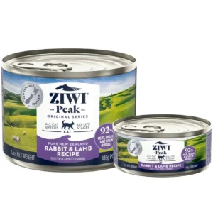 ZIWI Peak Rabbit & Lamb wet cat food cans showing 85g and 185g sizes