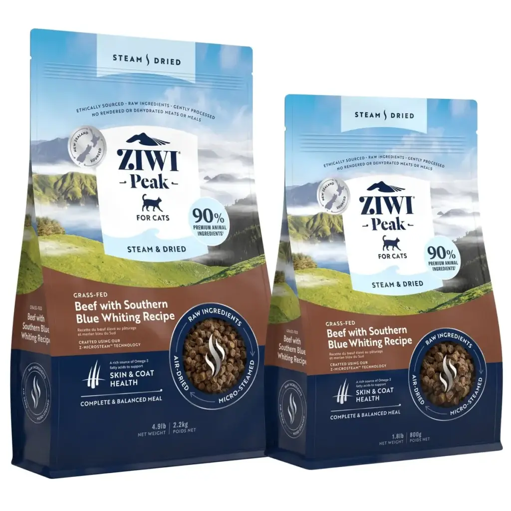 ZIWI Peak steam and dried beef cat food bags in different sizes