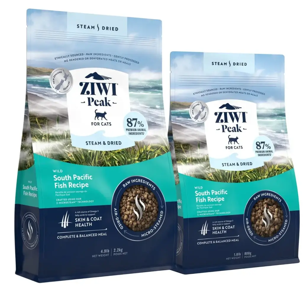 ZIWI Peak steam and dried South Pacific fish cat food bags in different sizes