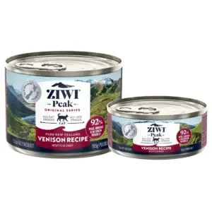 ZIWI Peak venison wet cat food cans showing 85g and 185g sizes