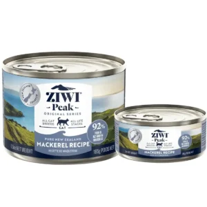 Ziwi Peak mackerel wet cat food cans showing available sizes