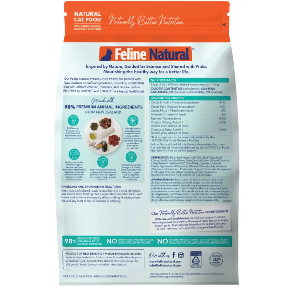 Freeze Dried Beef & Hoki Feast back showing nutritional information