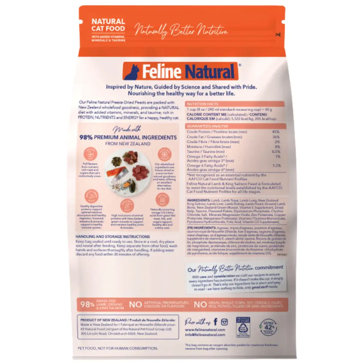 Freeze Dried Lamb & King Salmon Feast back of pack showing nutritional information